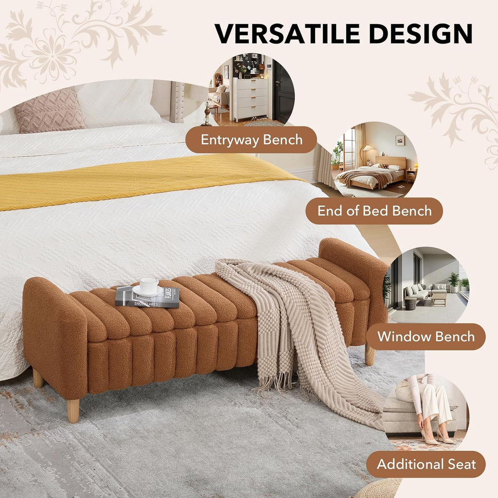 63.4" Storage Ottoman Bench, Flip-Top End of Bed Bench (Caramel) | Teddy Upholstered Entryway Bench, Channel Tufted