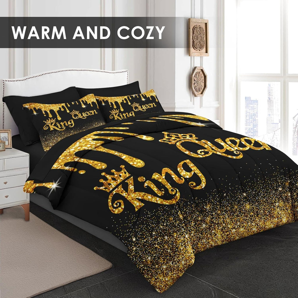 Comforter Set Queen, King Queen Black Gold Crown 7 Pcs Bedding for Kids and Adults