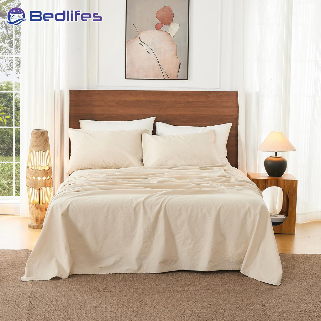 100% French Linen Bed Sheet Set - 16" Deep Pocket, 4-Piece