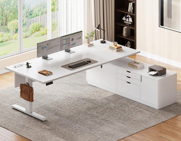71" Executive Large L Shaped Electric Standing Desk, White