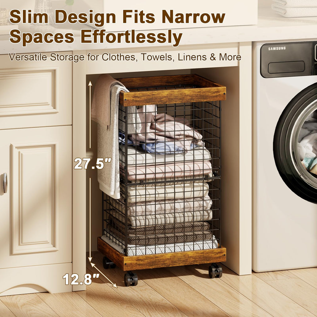 Basket with Wheels, Rolling Hamper Wooden Wire Laundry Bin
