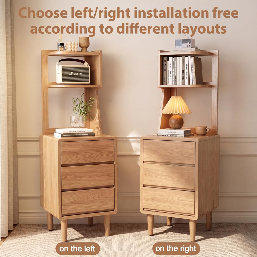 Solid Wood Bookshelf Nightstand Combo, Tall Nightstand with Bookshelf | Oak Nightstand Bookshelf,Narrow Nightstand