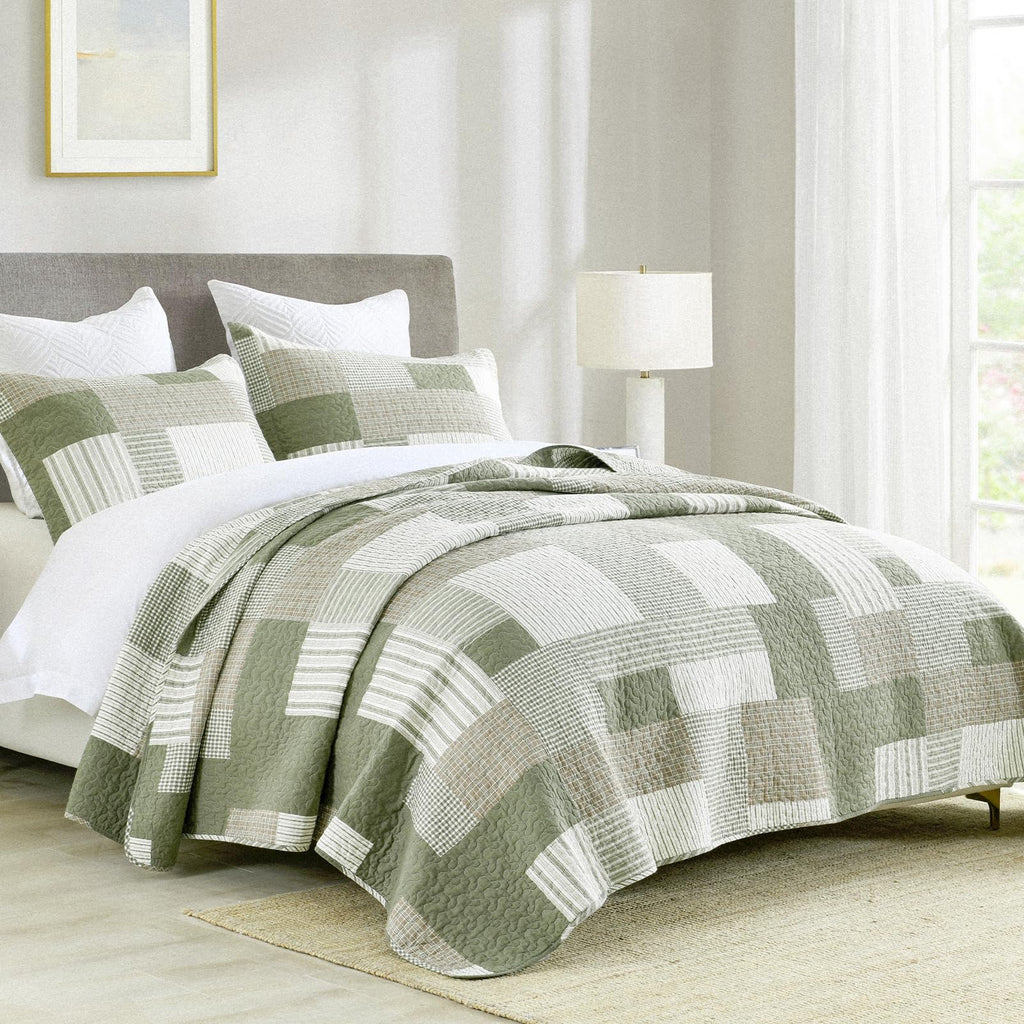 Quilt Set, 100% Cotton Comforter Set, Farmhouse Patchwork Quilt Bedding Set, Plaid Lightweight
