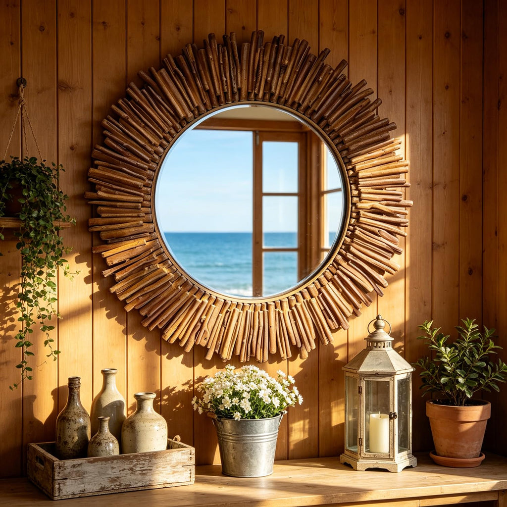 24 Inch Round Wall Mirror, Bohemian Sunburst Wall Mirror with Natural Wooden Stick Frame, Rustic Farmhouse Circle