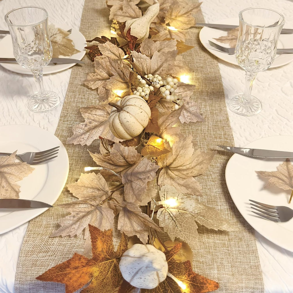 Fall Decorations 6Ft Fall Garland with Lights, Fake Pumpkin Berry Autumn Maple Leaves Garland for Mantle Halloween