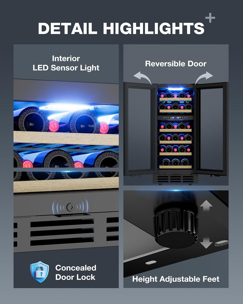15 Inch Under Counter Refrigerator, 29 Bottle Dual Zone Wine Fridge for Built-In