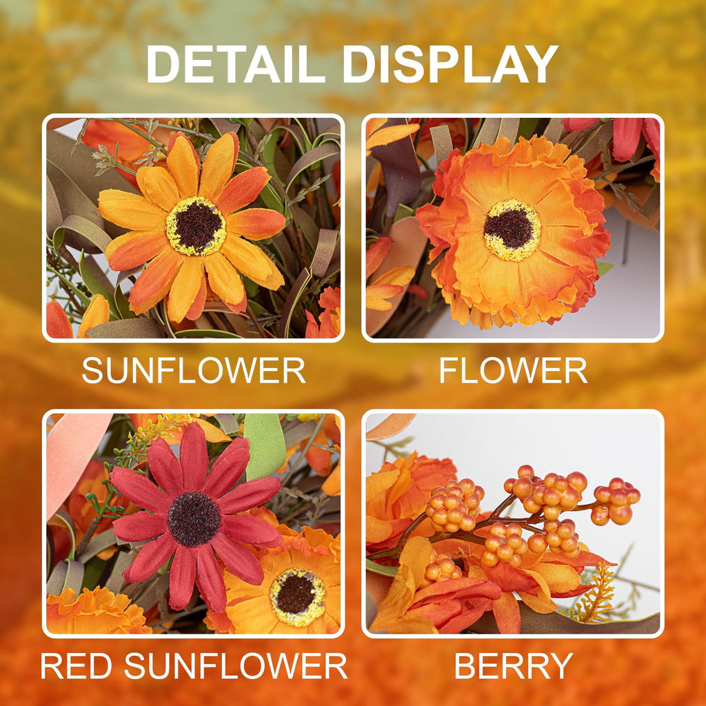 Artificial Fall Wreath 22 Inch Autumn Wreaths for Front Door Orange Daisy Wreath with Wildflowers Berries for Indoor
