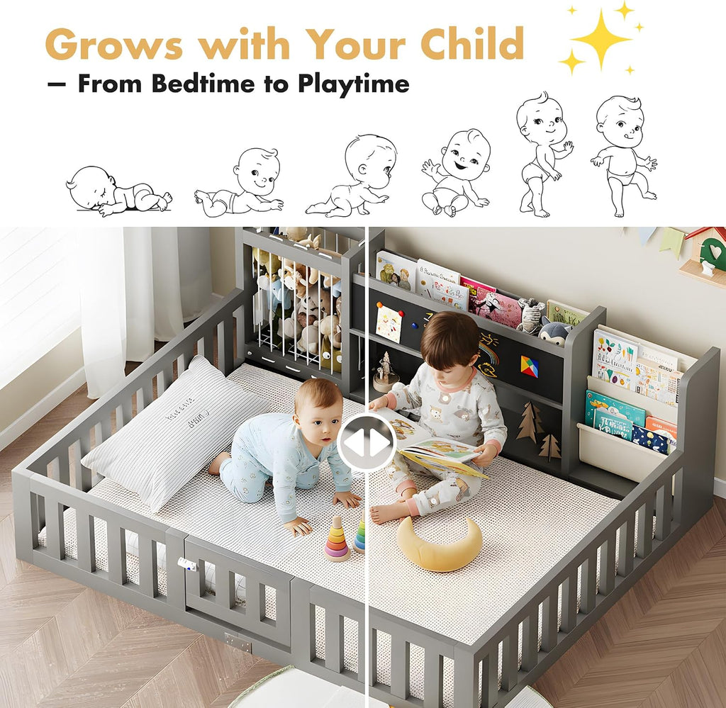 Montessori Wood Toddler Floor Bed with Blackboard & Bookshelf (Gray )