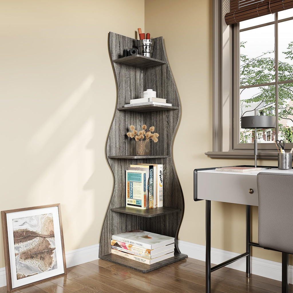 70-Inch Corner Shelf with 5-Tier Shelves, Wall Corner Bookshelf