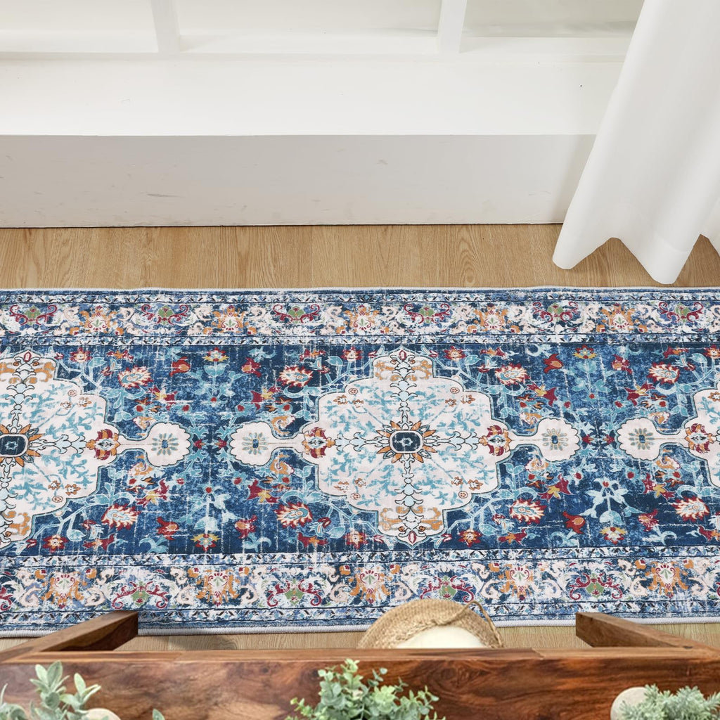 2'x14' Boho Hallway Runner Rug Non Slip Washable Runners, Blue