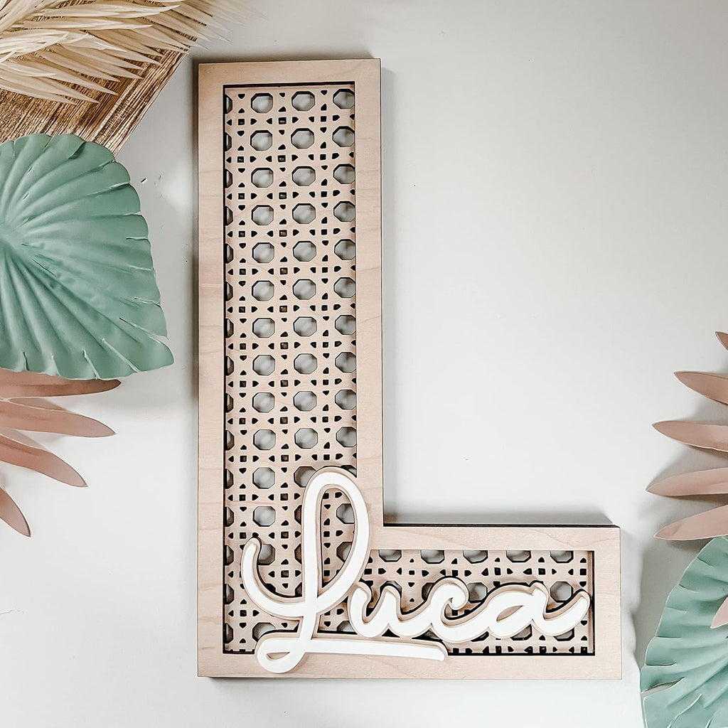 Boho Wood Personalized Initial & Name Sign - Rattan Wall Decor or Child's Bedroom - Baby Shower Present or Newborn