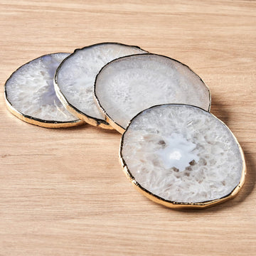 White Agate Coasters for Drinks, Crystal Coaster with Gold Edge 3.5-4", Geode Coaster, Gemstone Natural - Set of 4