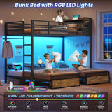 Triple Bunk Bed for Kids with Storage Drawers and Charging Station Twin Over Twin Metal Bunk Bed with Storage Shelves