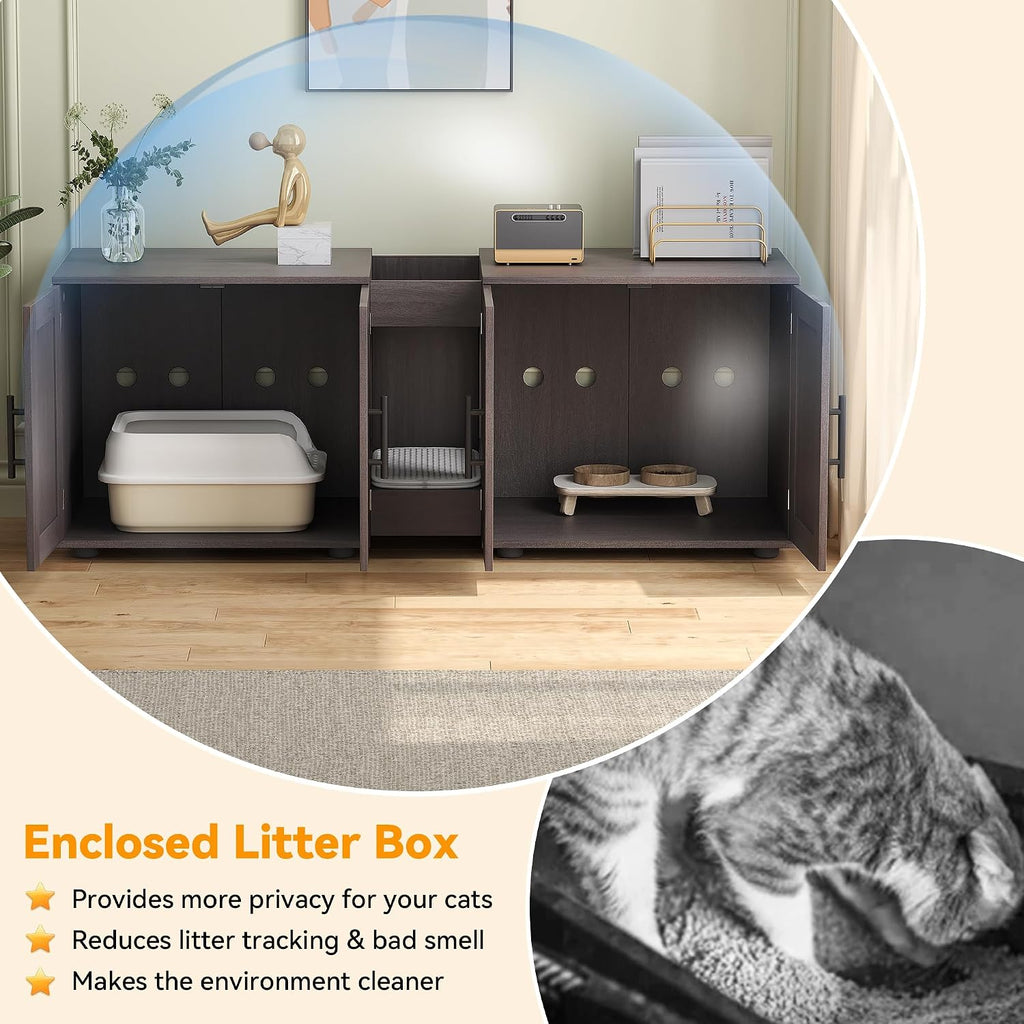 Cat Litter Box Enclosure for 2 Cats, 55" Hiddden Litter Box Enclosure Furniture 3-in-1 Wooden Litter Cabinet