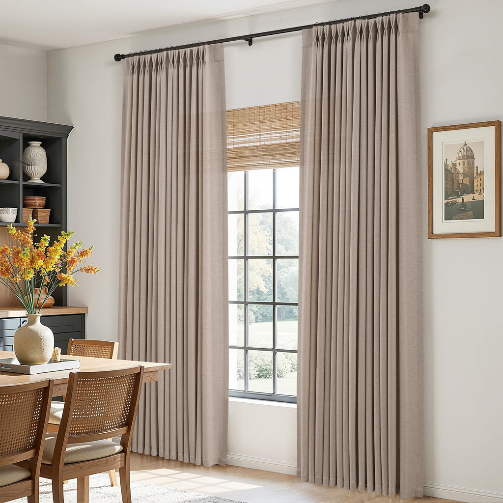Sand Beige Pleat Linen Curtains 112 Inches Long Pinch Pleated Drape Hooks Rings Back Tab Semi Sheer Light Filtering