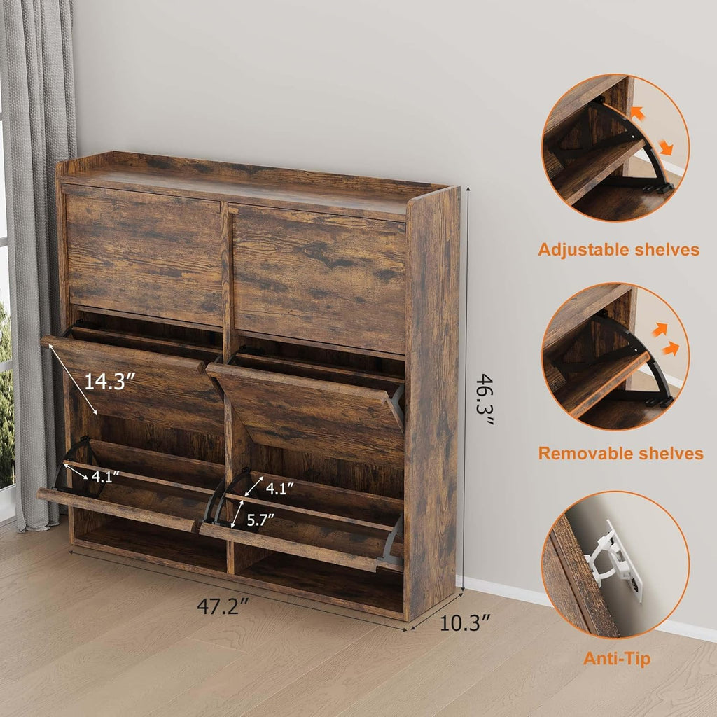 Shoe Cabinet, 6 Flip Drawers, Narrow Freestanding Shoe Organizer with Adjustable and Removable Shelves, Modern Wooden