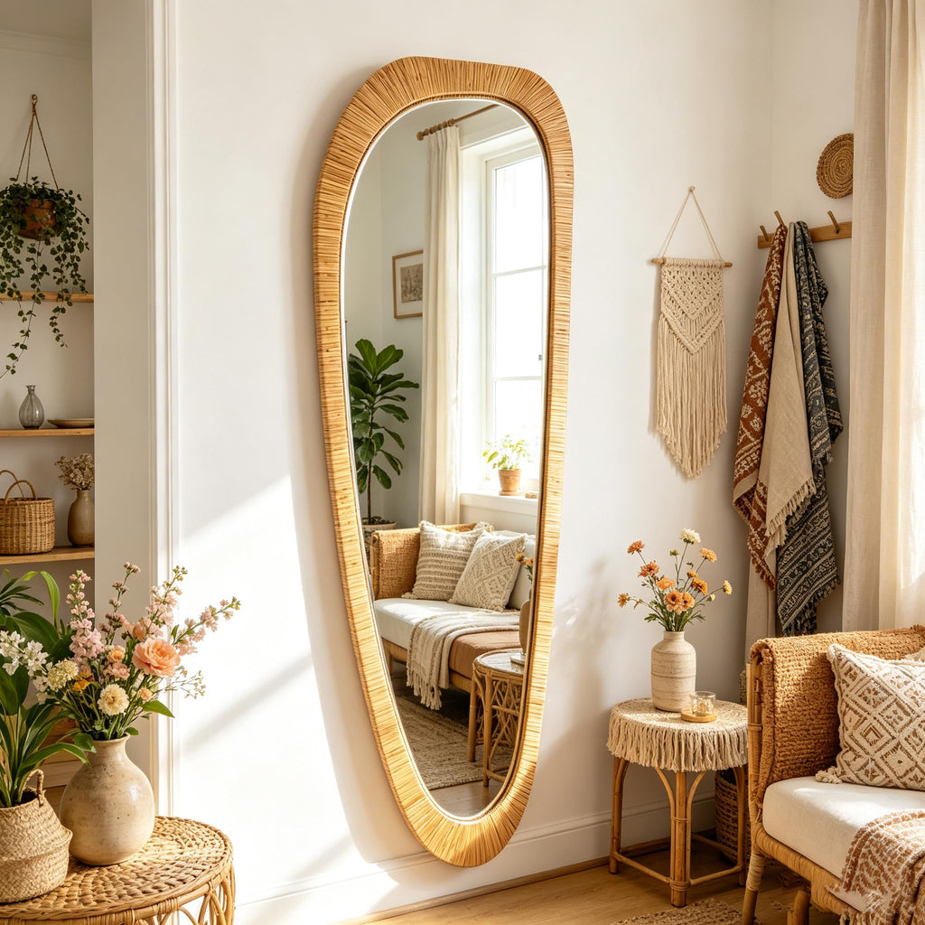 Boho Long Rattan Mirror, 53" Full Length Irregular Mirror for Wall