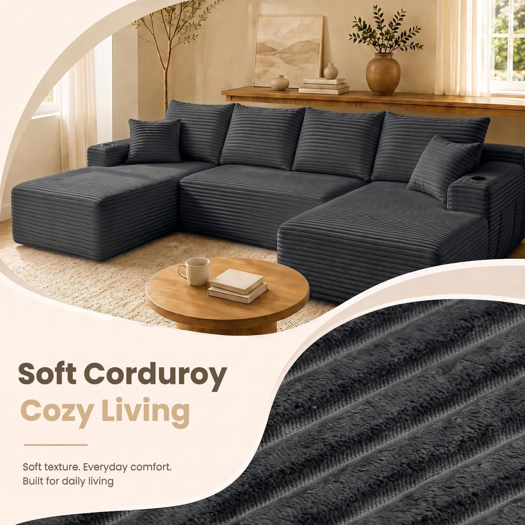 134" U Shaped Sectional Sofa with Double Chaise No Assembly Charcoal