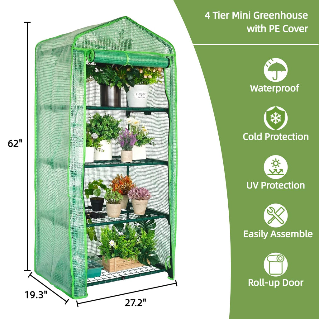 4 Tier Mini Greenhouse - Portable Indoor Outdoor Green House with 24lbs Per Shelf, Durable PE Cover & Tool-Free