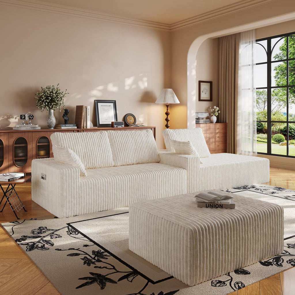 108" U-Shape Modular Sectional Cloud Cream Couch with Ottoman, Deep Seat Boneless Couch with Oversized Chaise Lounge