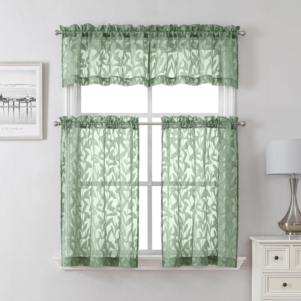 Leia 14 Inch Sage Valance for Window Green Sheer Curtains 2 PCS, Jacquard Texture Leaves Semi Voile Living Room