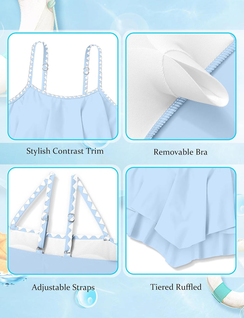 Girls Swimsuit Bikini Set 2 Piece Bathing Suit Tiered Ruffled Contrast Trim Adjustable Straps Girls Swimwear