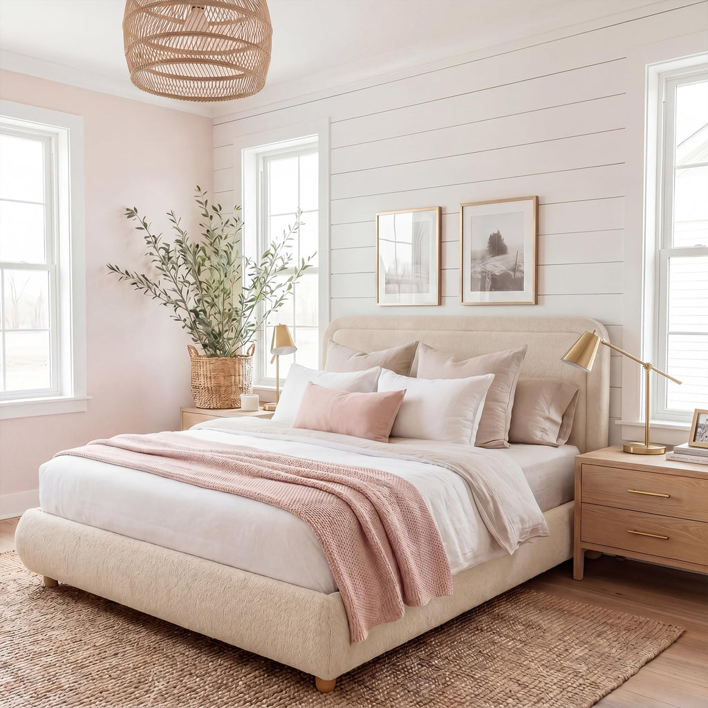 Cloud Queen Size Bed Frame with Headboard, Solid Wood Legs, Khaki