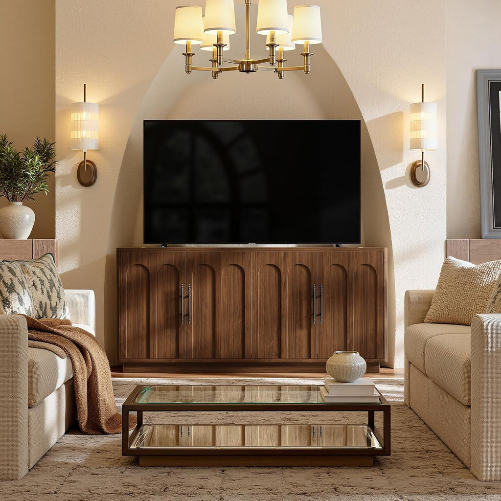 67" Arched Walnut Buffet Cabinet with Storage, Large Credenza with 4 Doors