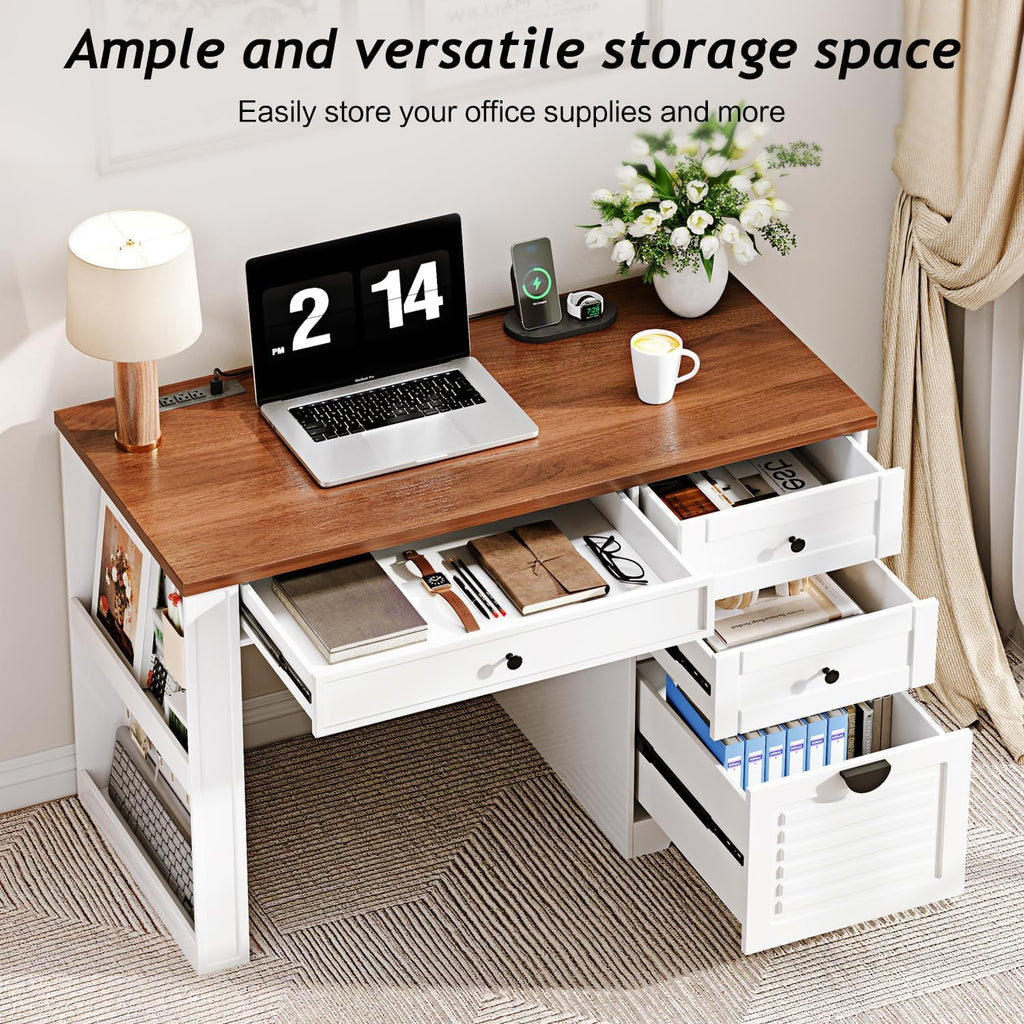 47" Home Office Desks, Executive Desk, Farmhouse Computer Desk with Drawers and Charging Station, File Drawer