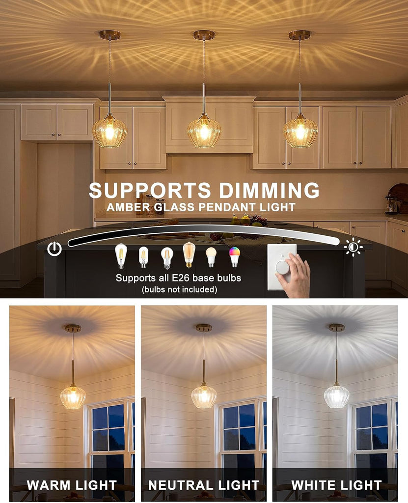 Glass Pendant Lights for Kitchen Island, 7.7" Modern Gold Pendant Light Fixtures Small Adjustable Hanging Light for