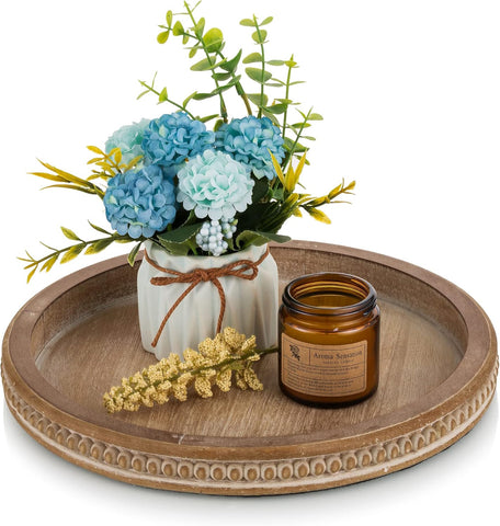Round Wooden Tray Decor: Decorative Candle Plate Holder Tray for Coffee Table