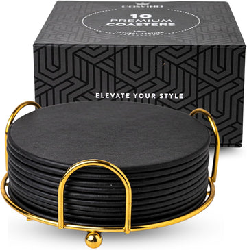 Premium Coasters Round Coasters - Gold Metal Holder - Italian Design - Tuxedo Black - Set of 10