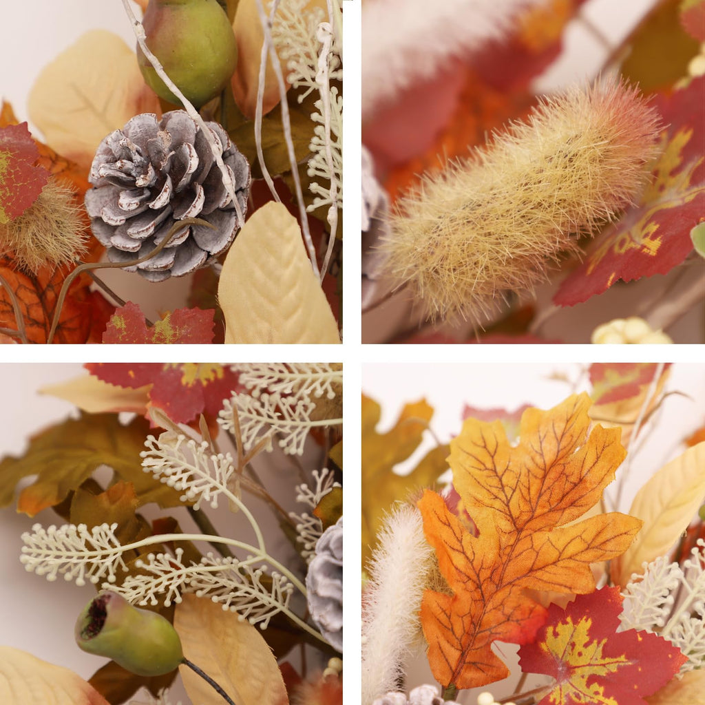 24 Inch Woodland Fall Wreath, Rustic Farmhouse Autumn Wreath with Frosted Pinecones, Bunny Tail Grass, Acorns &