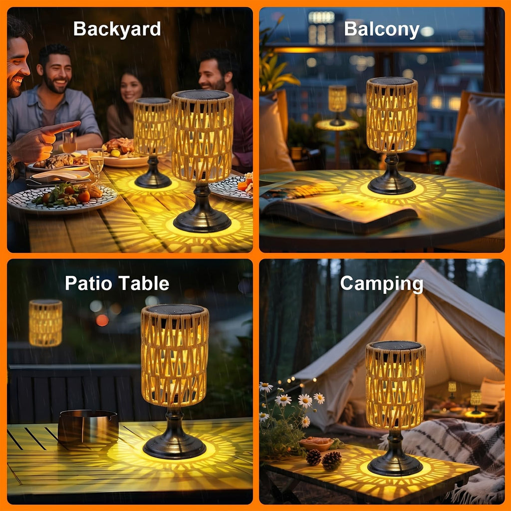 Outdoor Solar Table Lamp, Waterproof Rattan Solar Lantern