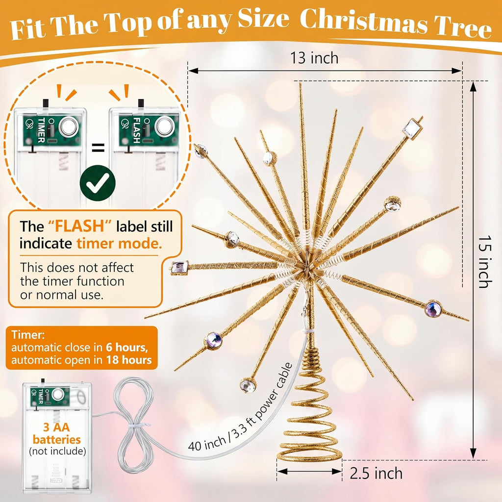 Starburst Christmas Tree Topper Lighted, Battery Operated, Gold