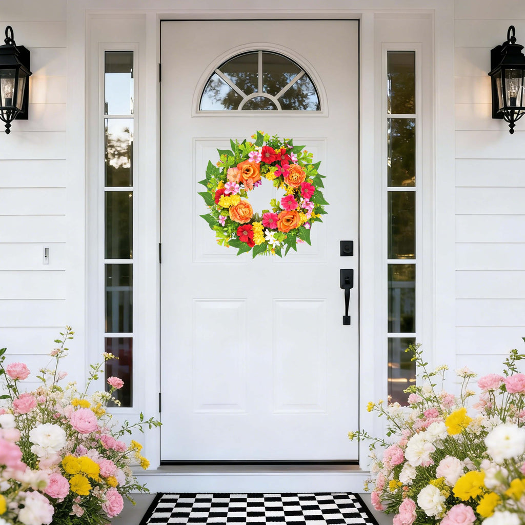 20 Inch Spring Wreath for Front Door, Artificial Silk Flower Wreath on Grapevine Base with Orange Rose-Style Blooms