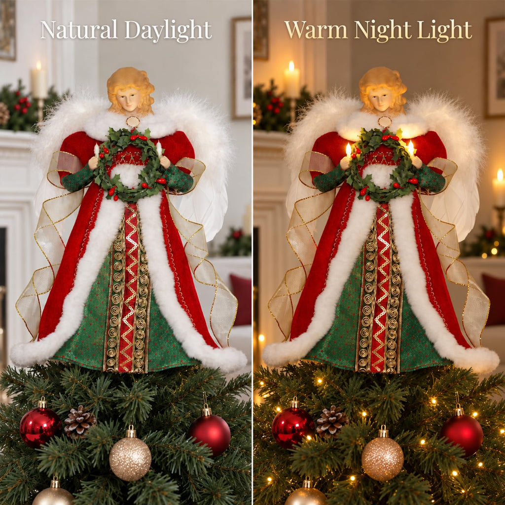 Christmas Tree Topper Angel with Timer Lights, 12" Angel Tree Toppers with White Feather Wings, Green Garland, Remote