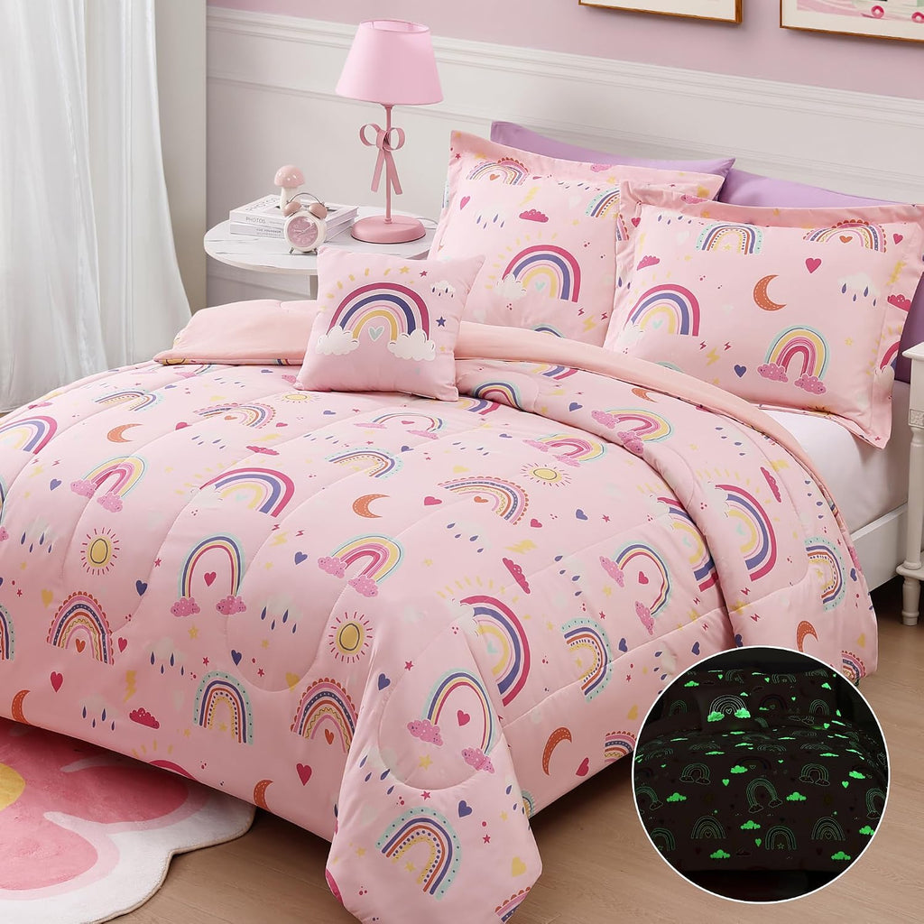 Twin Comforter Set for Girls - 3 Pieces Pink Rainbow Twin Bedding Sets - Set of 3