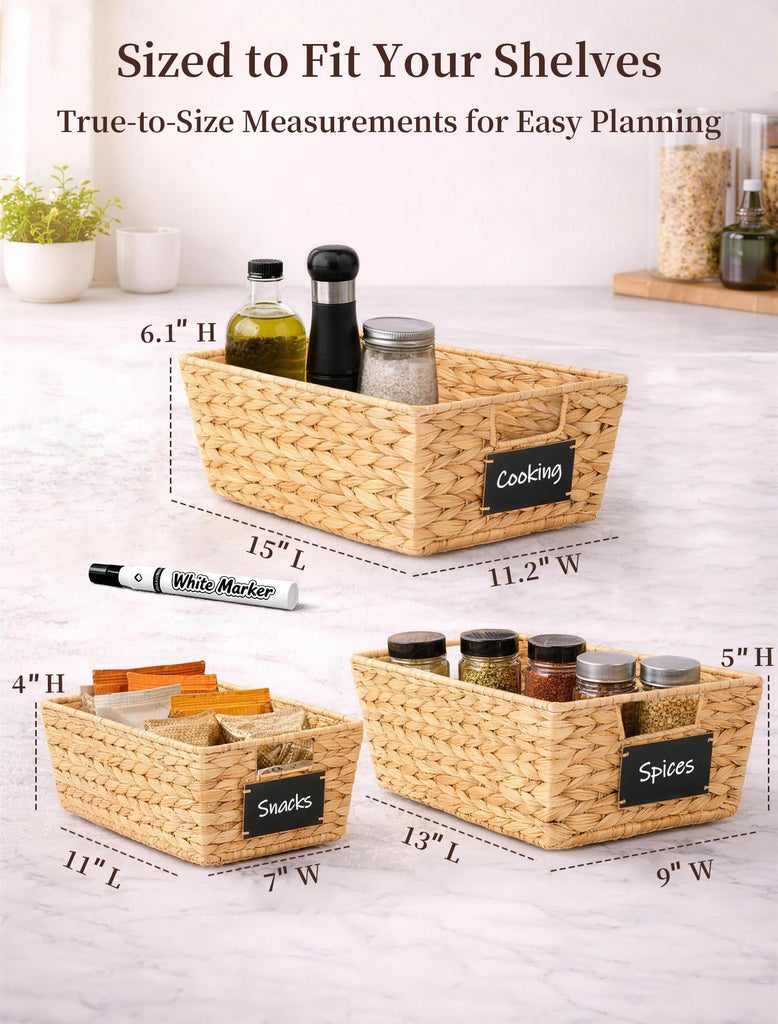 Pantry Baskets, 3 Pack Wicker Storage Baskets for Shelves, Natural