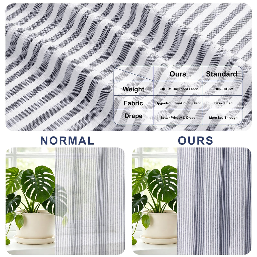 Farmhouse Curtains, Boho Rustic Bedroom Curtains with Buttons, Cotton Linen Blue Stripe Country Window Curtain