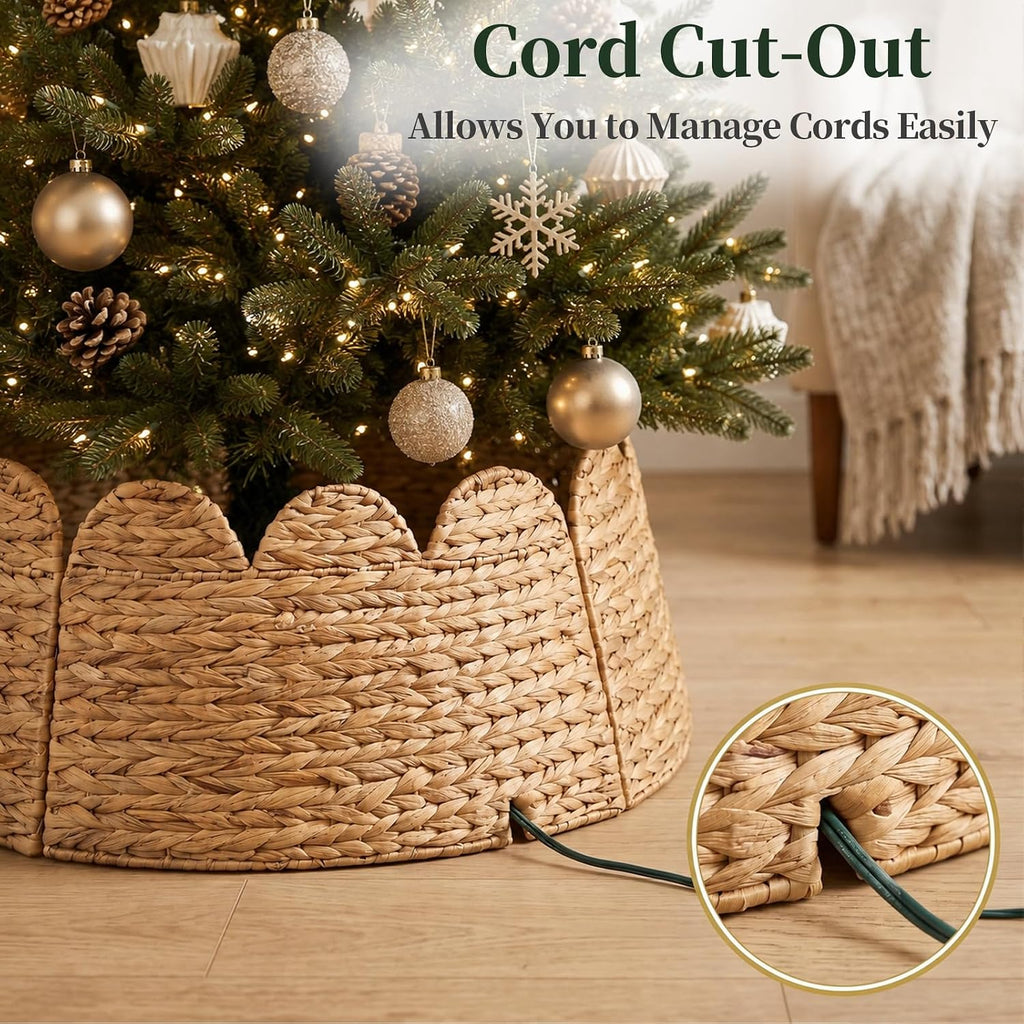Christmas Tree Collar, 28" Woven Hyacinth Tree Base Cover with Cord Cut-Out