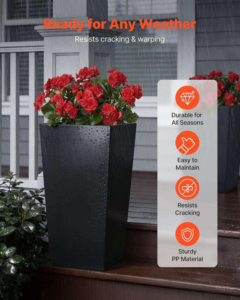 26 Inch Tall Planter Set of 2, Outdoor Large Tall Planters for Outdoor Indoor Plants, Tapered Black Planter for Front