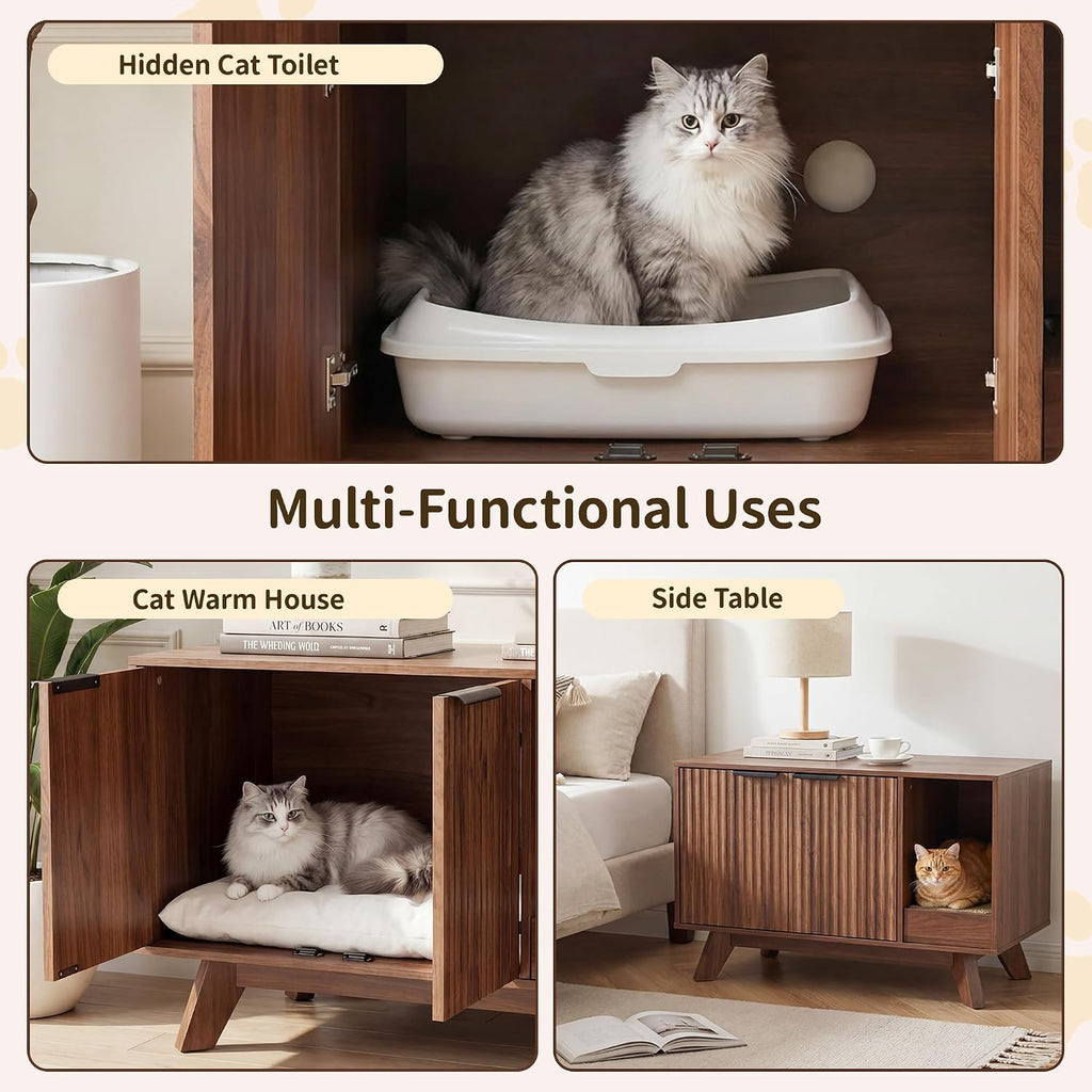 Cat Litter Box Enclosure with Litter Collector, Fluted Hidden Litter Box Furniture with Scratch Pad, 31" Wooden Cat
