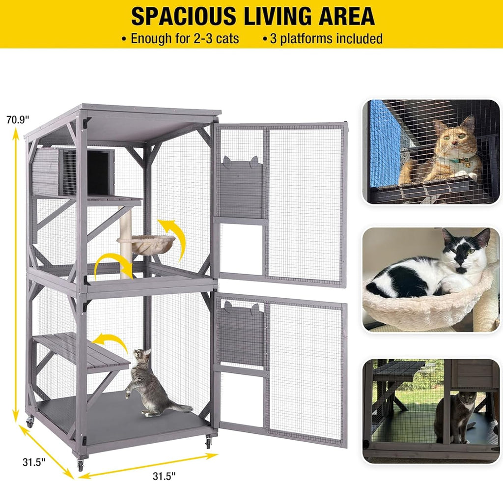 Cat House Outdoor Cat Catio Wooden Large Enclosure with Run on Wheels 70.9" Upgraded Version Catio with Reinforcement