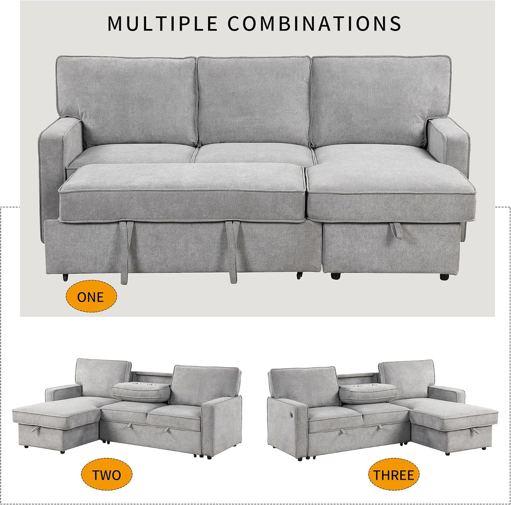 89" Convertible L-Shaped Sleeper Sofa Bed with Storage Chaise, Gray | Modern L-Shaped Sectional Pull Out Couch