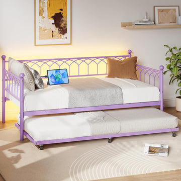 Twin Purple Daybed with Trundle with Charging Station, Led Light