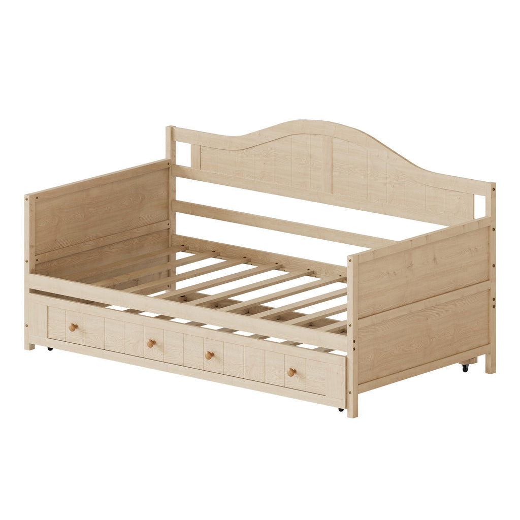 Twin Size Wood Daybed with Trundle, Mid-Century Modern Daybed with Curved Headboard, Twin Trundle Bed with Wood Slat