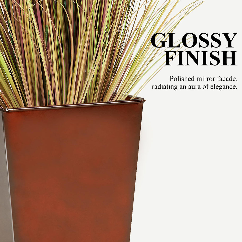 Large Metal Glazed Floor Planter Set of 2-14" Dia x 18" H - Luxurious Glossy Finish Red Tall Square Tapered Steel