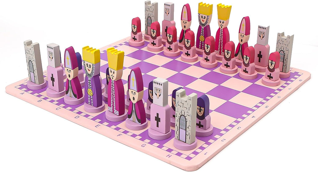 Pink Chess Set Wooden with Board Educational Adults, Cartoon Board Game Cute