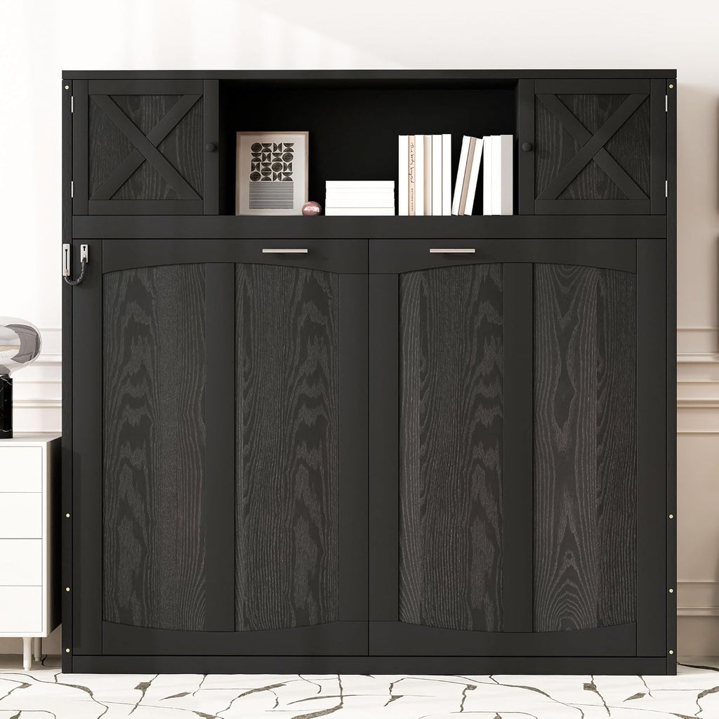 Queen Murphy Bed with Storage Cabinets, Wood Murphy Bedframe with Bookcase Shelves, Folding Wall Bed Cabinet for